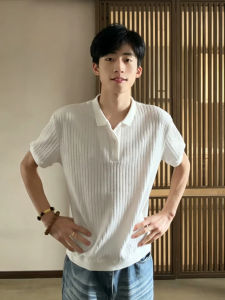 White Stripe Embossed Knit Elegant Polo Shirt