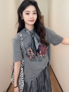 plus Size Womens Grey Shoulder T-Shirt Short Sleeve Base Shirt Summer Loose Slimming Print Commute Korean Style Regular Sleeve