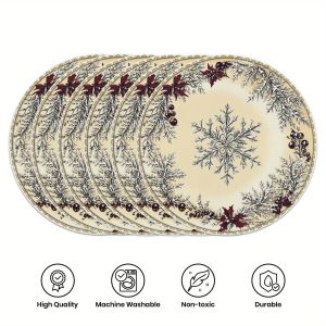 VIKAMA 6PC Christmas Holly Snowflake Meal Mat Red Berry Snowflake Table Restaurant Christmas Party Decoration