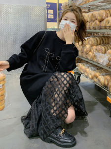 Long Sleeve Heavy Embellished Diamond Plaid Skirt round Neck Long Dress Women Spring New Style over Knee A-Line Dress