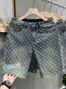 กางเกงขาสั้นยีนส์พิมพ์ลายสูงสุดเทรนด์สำหรับผู้ชาย ทรงตรง 5 นิ้ว ฤดูร้อน 2025 กางเกงยีนส์ทรงตรงลำลองสำหรับผู้ชาย