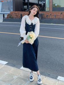 Elegant Chic Doll Collar Shirt Dress Set Womens Early Spring Hong Kong Style Retro Korean Belted Denim Skirt Two Piece Set