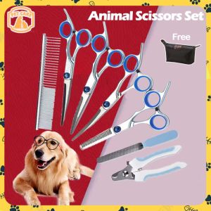 5 PCS Professional Pet Grooming Scissors Kit Curved Shears Stainless Steel Designs For Pet Hair Trimming Tool Set