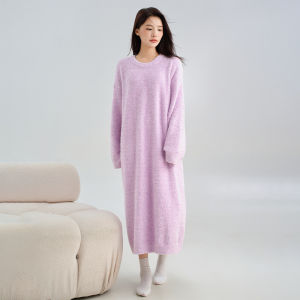 miiow | Thickened Half-Fleece Sleepwear Womens Autumn Winter Home Clothes Long Sleeve Round Neck Pure Color Home Leisure Plus Size