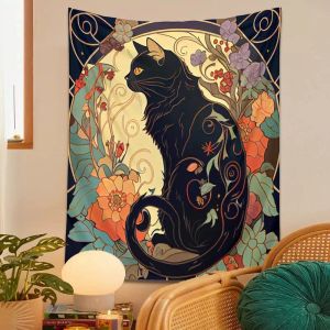 VIKAMA Art Nouveau Mèo Đen Tấm Thảm Vintage Màu Cam Vàng Treo Tường Phong Cách Victoria Trang Trí Cho Phòng Khách Phòng Ngủ