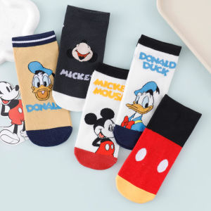 Disney | 5 Pairs of Disney Mickey Mouse and Donald Duck Mens Ankle Socks Fun and Cute Cartoon Printed Cotton Couple Casual Anime Socks