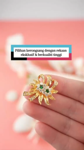 KERONGSANG TUDUNG Floral Saduran Emas 24K Permata Putih dan Hijau Zhulian