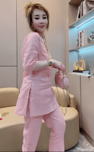 Elegant Casual Cotton Linen Two-Piece Set Womens New Chinese Style Mid-Length Shirt Dress plus 9-Length Pants Summer 2024