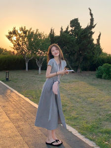 Mint Breton Knitted Dress Belted Waist round Neck Short Sleeve Long Summer Dress Yangyuan Commute Style Cotton Polyester Blend