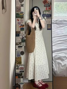 Princess Style French Initial V-neck Floral Print Slim Fit Long Dress Summer Fashionable Short Sleeve A-line Skirt for Girls