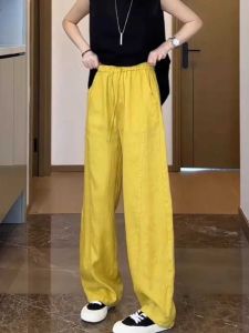กางเกงขายาวทรงหลวมเอวสูงสีเหลืองสำหรับผู้หญิง กางเกงขายาวทรงตรงทรงหลวมบางสำหรับฤดูร้อนปี 2025 ไซส์ใหญ่ กางเกงขายาวทรงหลวมสบาย ๆ