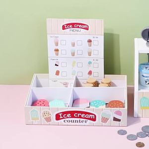 Wooden Ice Cream Toys for Toddler Play Store Pretend Food Kitchen Accessories with Scoop & Menu & Toy CashChristmas Gift