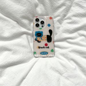 เคสโทรศัพท์ลายแมวสีฟ้าเชอร์รี่ สีดำ ลูกแมว ลายเรขาคณิต เรียบง่าย เด็กผู้หญิง ลายหัวใจ สำหรับ Apple 17ProMax iPhone 16Pro ดีไซน์ไม่ซ้ำใคร 15 สดใส 14 การ์ตูน