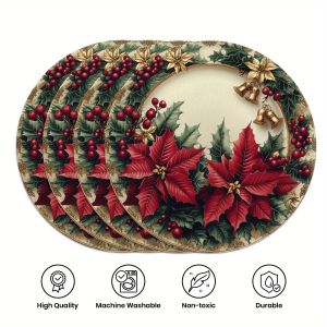 VIKAMA 4-Piece Christmas Poinsettia Gold-Edged Placemats Holiday Gathering Family Dining Table Decor Accessories Party Decor