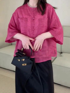 PAIBOLI | New Chinese Style Button Up Shirt Thin Summer Outerwear Womens Design Sensation Casual Fashion Round Neck Short Sleeve Print