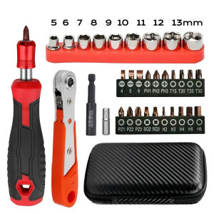 Household Repair Toolbox Set Combination Ratchet Wrench Screwdrivers Socket 25mm Multi Model S2 Bit Heads Included Tool Box