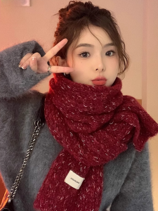 MiiOW | Warm Knitted Scarf For Women In Red Woolen Yarn Korean Style Autumn Winter Versatile High End Atmosphere Student Couple Neck Warmer