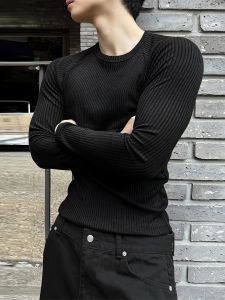 DAVID&ME | Mens Korean Style All-match Stripe Texture Stretchy Knitted Long Sleeve T-shirt