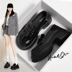 HuanQiu Thick Heel Loafers Womens Black British Style Heightening Autumn New One Step Inward Casual Flat Mouth Single Shoes