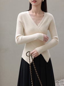 Korean Style Womens Long Sleeve V-Neck Crossed Knitted Sweater Autumn Winter Elegant Fashionable Top Quality Polyester Rayon Nylon