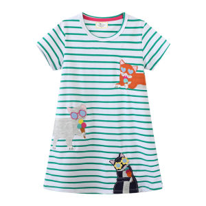 Jumping Meters Summer Princess Short Sleeve Applique Girls Cotton Dresses for Baby Stripe Costume Hot Selling Kids Dress