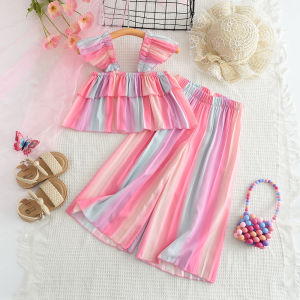 ชุดเสื้อยืดพิมพ์ลายลายทางสีรุ้งฉบับภาษาเกาหลีกางเกงขาม้าหมี2ชิ้นเสื้อผ้าเด็กผู้หญิงอายุ3-7ปีน่ารักน่ารักฤดูร้อน