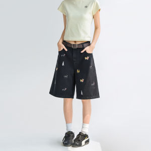 CHANT2nd | Cute Dog Embroidery Denim Shorts Mid-Length