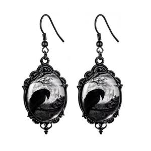 Gothic Halloween Black Cat Witch Crow Skull Earrings Punk Oval Glass Dangle Earrings For Women Girls