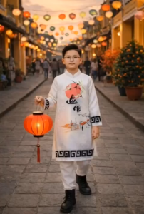 áo dài cách tân bé trai hình cha mẹ