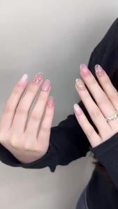 100% HANDMADE Artificial Nail Gold Stamping Embossed Magic Mirror Pink Phototpy Fake Nail Patch Press on Nails Reusable Free Glue