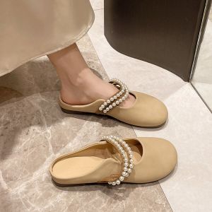 Plus Size Womens Shoes 41-43 Fat Feet Pregnant Womens Half Slippers Spring Outfit Slip-on Soft Bottom Pearl Toe Cap Slipper 42