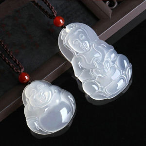 Genuine Goods White-Jade Statue of Guanyin Pendant Mens Chalcedony Bodhisattva Jade Pendant Smiling Buddha Necklace Female Accessories Buddha Statue Agate Jade Pendant