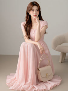 Elegant Pink Waist-Cinching Dress Womens Fashion Summer New Arrival Lightweight Luxury Short Sleeve round Neck Long Dress