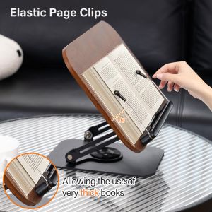 Reading Books Holder Desktop Book Laptop Stand with 360° Rotating Base Wooden Panel & Page Clips Foldable and Angle for Textbook