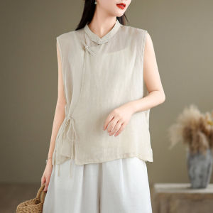Loose Fit Cotton Linen Blouse for Women Summer Retro Crossbody Tank Top with Stand Collar Chinese Style Casual Tea Shirt Zen Wear
