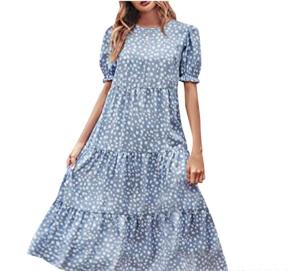 Loose Waist Pleated round Neck Solid Color Dress Street Style Midi Skirt Short Sleeve Womens Fashion Spring Autumn Winter