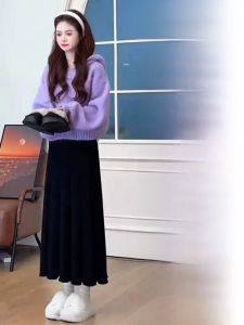 Early Autumn Fashion Knitted Set Womens Korean Style Miniature Wind Purple Sweater Half Skirt Two Piece Set Elegant A-Line Skirt