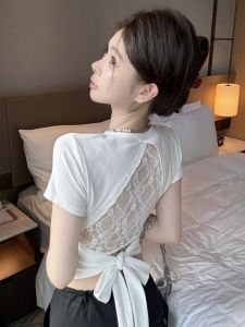 GUZILIAN | Womens Lace Splice Back Hollow Butterfly Knot Short Sleeve T-Shirt Summer Base Shirt Shoulder Pad Design Sense Top