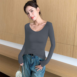 Early Autumn Womens Modal Long Sleeve T-Shirt Large U-Neck Base Shirt Stylish Black High-End Feeling Commute Korean Style Slim Fit