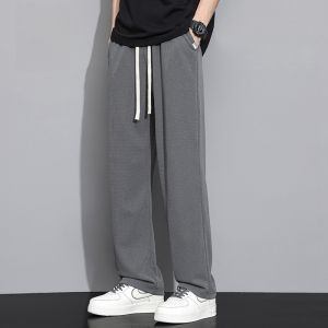 ROMON | Romon Mens Summer Thin Ice Silk Straight Leg Pants Drapey Loose Wide Leg Sports Casual Long Trousers Cool Feeling