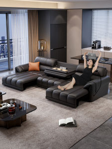 Straight Row Top Layer Leather Electric Multifunctional Sofa Bed Living Room Dual-Use Minimalist Automatic Retractable Adjustable Sofa