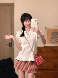 Sweet Short Sleeve V-Neck T-Shirt with Lace Trim Splice Fake Two-Piece Design Korean Style Commute Cotton Blend Summer Top