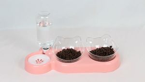 Pet Cat Bowl Feeder 3-in-1 Dog Cat Food Bowl With Automatic Water Dispenser Double Bowl Drinking Raised Stand Dish Bowls For Cats