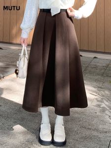 Váy midi nữ MUTU dài chữ A len xếp ly cạp cao cổ điển
