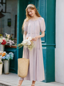 XIANGYING | Pastel Purple U-neck Tied Waist Midi Dress