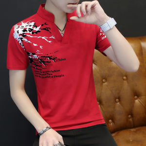 New 2025 Mens Short Sleeve T-Shirt V-Neck Half Sleeve Slim Fit Fashionable Base Shirt Trendy Brand Cotton Polyester Blend