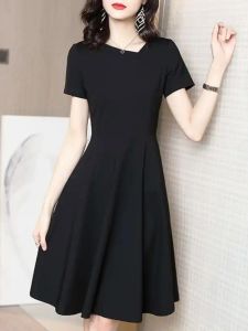 French Vintage Black Dress Womens Summer New Style Hepburn Elegant High Quality Slimming Ladys Short A-Line Dress V-Neck