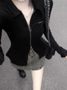 Retro Mỹ Thiết Kế Đôi Khóa Kéo Dệt Kim Áo Khoác Cardigan Phụ Nữ Đầu Tiên Mùa Thu Thon Gọn Màu Đen Gợi Cảm Áo Áo Sơ Mi Đế Dài Tay Phong Cách Đi Làm