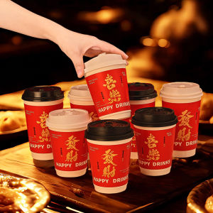 Double-Layer Disposable Coffee Cup with Lid for Takeaway Heat Resistant Logo Red High-End Feeling Milk Tea Paper Cup