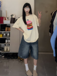 American Retro Loose Straight Leg Jeans Shorts Womens Summer New Fashion High Waist Wide Leg Pants Casual Washed Denim